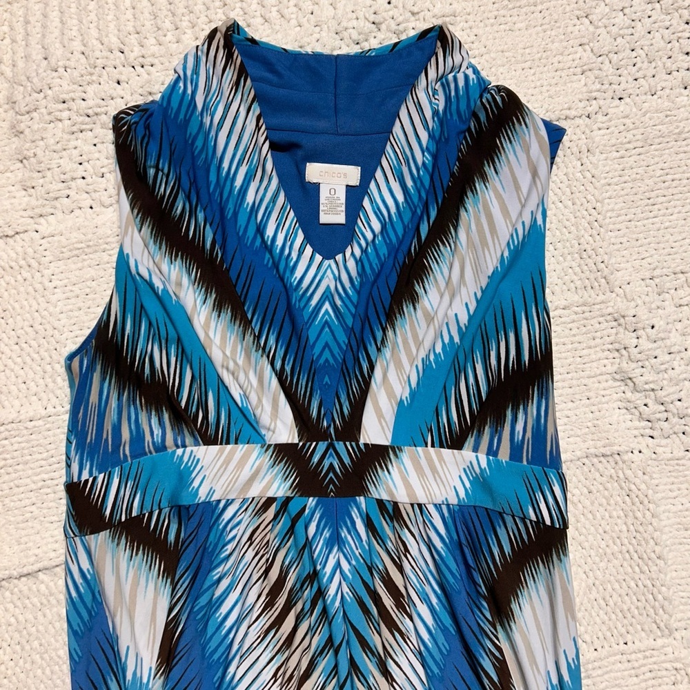 Chico’s Blue White Chevron Maxi Dress Sleeveless Faux Collar - Picture 3 of 4